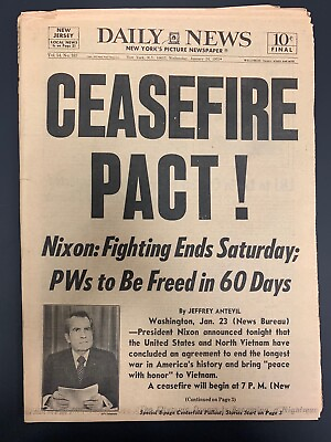 #ad 1973 JAN 24TH DAILY NEWS NEWSPAPER *CEASEFIRE PACT RICHARD NIXON* PGS 1 91 $12.99