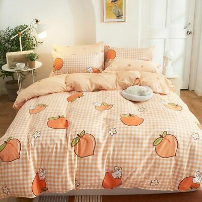#ad 3 4pcs Kawaii Bedding Sets Cute Peach Bed Sheet Set Pillowcover Queen King Size $68.24