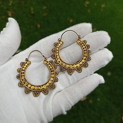 #ad Hoop Earrings Oversize Bohemian Brutalist Large Studded Gypsy Tribal Ethnic Gold $15.20