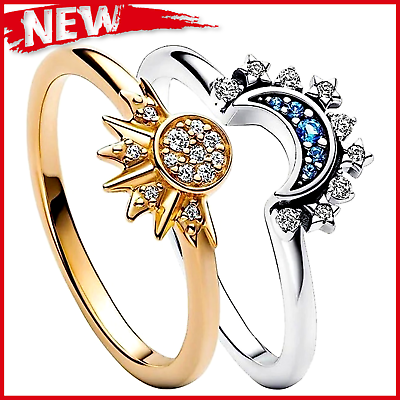 #ad Silver Gold Celestial Ring Pair Moon Sun Sparkling Promise Rings Couple Gift Set AU $18.95