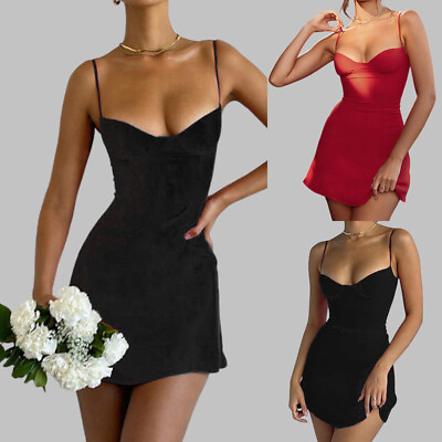 #ad Women#x27;s Sexy Sleeveless Bodycon Mini Dress Summer Strappy Holiday Party Dresses $15.26