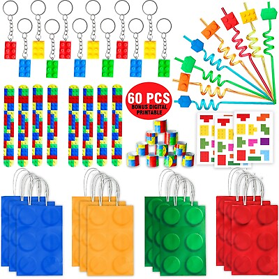 #ad 60 Pcs Building Blocks Party Favors For Kids Brick Style Birthday Bag Straw $20.99