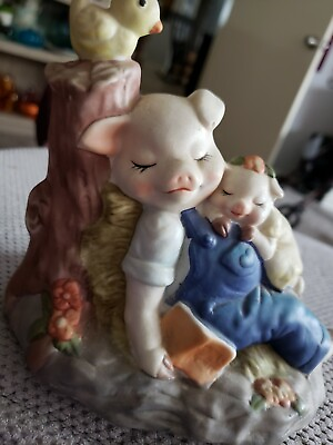 #ad Pigs figurine sleeping duck country overalls farm ceramic vintage $11.99