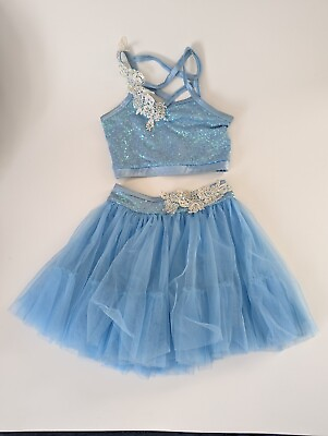 #ad Dance Costume Child Large Two Piece Lyrical Light Blue amp; White Appliques $60.00