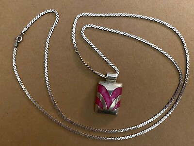 #ad Vintage Mexico 925 Sterling Silver Pendant Necklace Pink Inlay 17.36 Grams $135.00