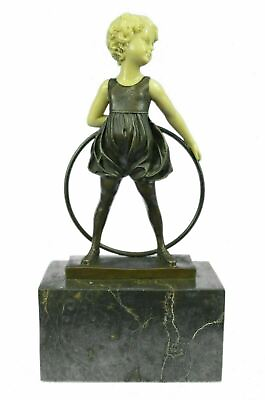 #ad Bronze Sculpture Hand Made Art Statue Children Girl Child Holding Hula Hoop Deal $139.65