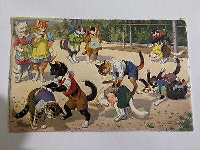 #ad Vintage Postcard MKZ Human Cats Playing In The Playground School $4.89