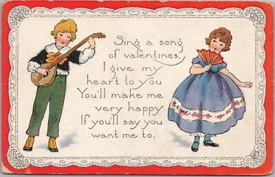#ad 1920 Whitney VALENTINE#x27;S DAY Postcard quot;Sing a Song of Valentinesquot; Boy Mandolin $6.00