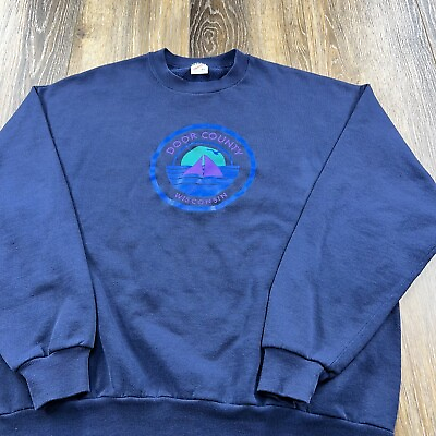 #ad Vintage Door County Sweatshirt Mens XL Blue Wisconsin Lake Logo USA 90s Sweater $29.95