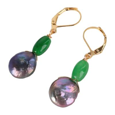 #ad Handmade peacock blue fresh water coin pearl earrings jadeite Bohemian $12.90