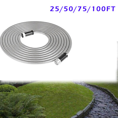 #ad 25 100FT Stainless Steel Metal Water Hose Pipe Flexible Lightweight Garden $24.85