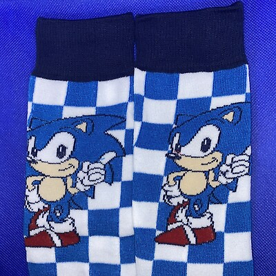 #ad Sonic The Hedgehog “SONIC” Crew Socks Men Sz 8 12 Women 10 13 Blue Checkered NEW $4.99