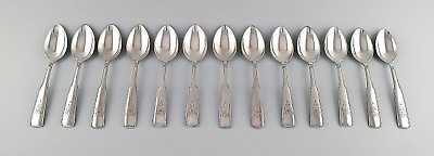 #ad Hans Hansen silverware number 2. 13 dessert spoons in all silver. Denmark $1090.00