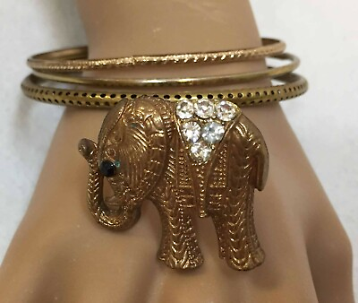 #ad Elephant Rhinestones Brass Tone Ring Sz 8.75 amp; 3 Matching Tone Bangle Bracelets $21.99