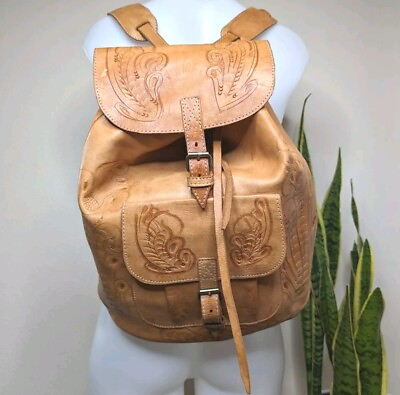 #ad Genuine Hand Tooled Leather Backpack Purse Floral Bookbag Vintage Bag $100.00