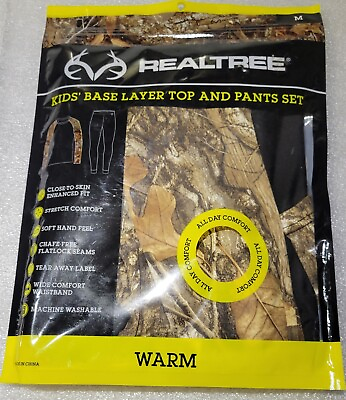 #ad RealTree Kids Base Layer Top and Pants Set Size M Camo and Black New in Bag $13.95