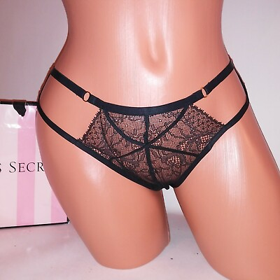 #ad Victoria Secret Panty Thong Black Lace Strappy Very Sexy New $17.85