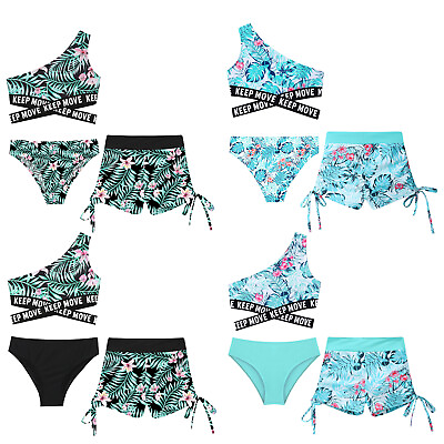 #ad Girls Swimsuit Pool Set Side Swimwear Sleeveless Shorts Sports Briefs Cropped $16.55