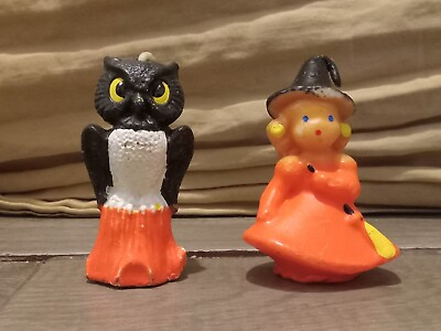 #ad Vintage Gurley Candles Halloween Girl Witch and Owl On Tree Stump Spooky $19.99