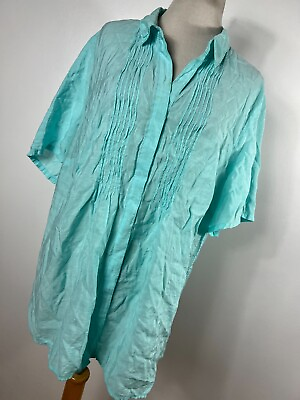 #ad Coldwater Creek 2X Shirt Top Hidden Button Down Front Short Sleeve Aqua Blue B2 $20.40