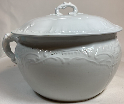 #ad Antique Utah Pottery Chamber Pot with Lid and Handle Floral Decor Pattern $24.89