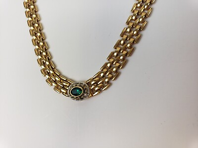 #ad Vintage Necklace Golden Tone Emerald Green Crystal Panther Link Signed LS Formal $44.99