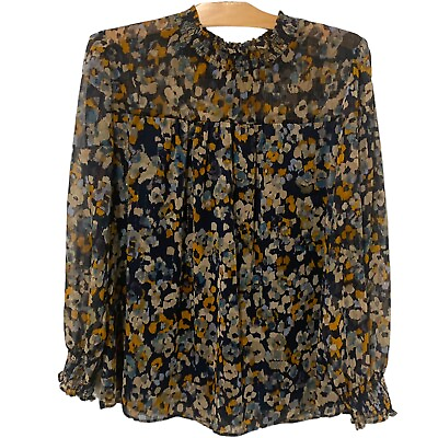 #ad Zac amp; Rachel Shirt Floral Long Sleeve High Neck Navy Yellow Size Large $14.99