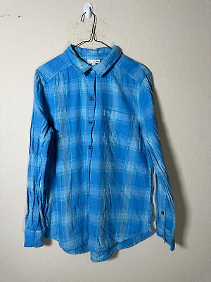 #ad SO Top Blouse Shirt Womens Blue Plaid Button Up Medium $9.80
