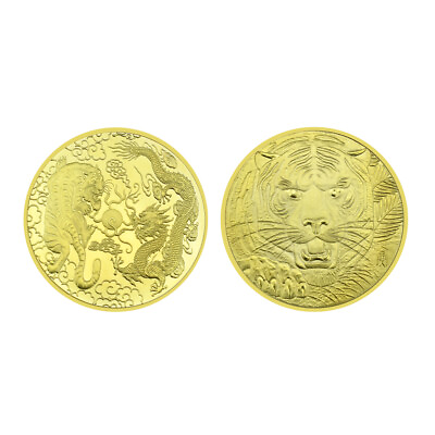 #ad Chinese Tiger Dragon Gold Metal Coin Mascot Lucky Coin for Collection Gifts $3.70