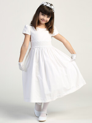 #ad NEW Cotton w Smocked Waistband Tea Length Dress Holy Communion Flower Girl $89.99