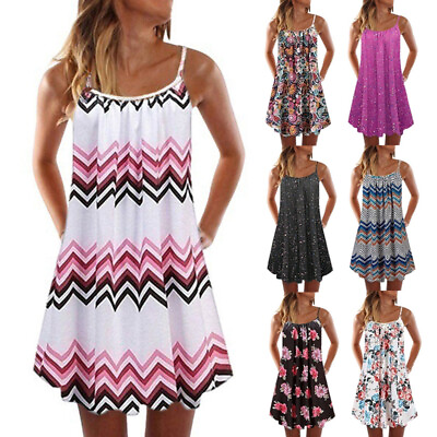 #ad Summer Women Boho Mini Spaghetti Strap Dress Floral Print Camisole Strappy Tops $11.99