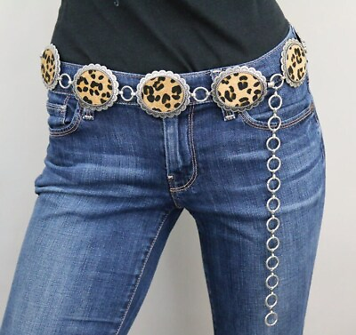#ad Western Leopard Leather Concho Belt S M $100.00
