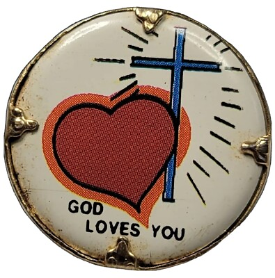 #ad RED HEART CROSS LAPEL PIN Love Lapel Hat Tie Tack Badge Vintage GOD LOVES YOU $13.49