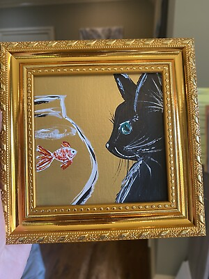 #ad Cat Fish Original Painting On CardBoard 4 4 animalsartworkminismallframed $27.00
