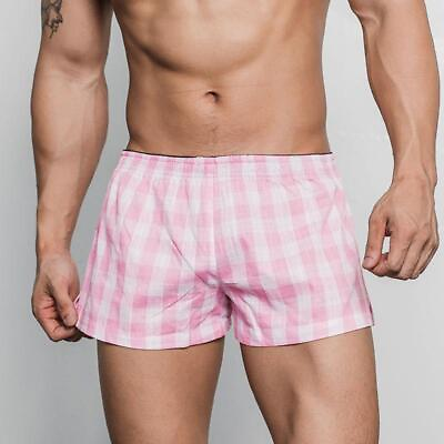 #ad Men#x27;s Boxer Shorts Plaid 100% Cotton Underwear Shorts Pajamas Pants Pink Boxer $16.99