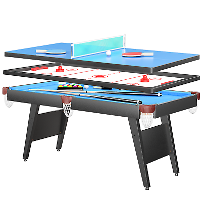 #ad Fiziti 5.5 FT 3 in 1 Table Tennis Table Pool Table Set Hockey Table Blue $419.99