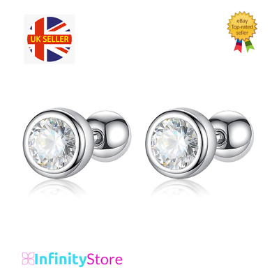 #ad Round Solid Sterling Silver 925 Earrings Solitaire CZ Screw Studs GBP 13.99