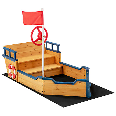 #ad Kids Pirate Boat Wooden Sandbox Non Woven Fabric Liner Outdoor Children Playset $139.99