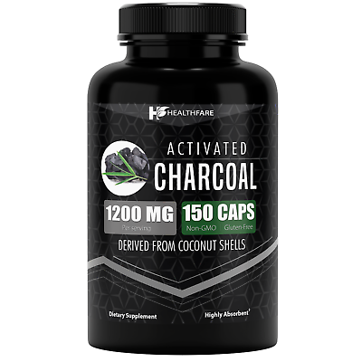 #ad HealthFare Activated Charcoal Vegan Capsules 1200mg 150 Highly Absorbent $19.99