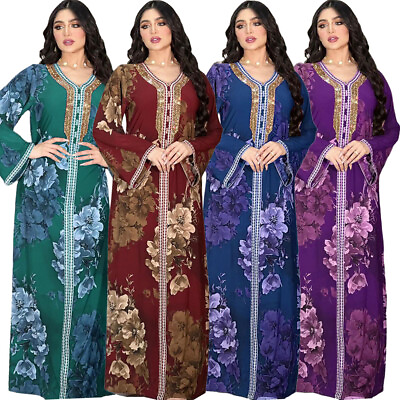 #ad Muslim Women Long Maxi Dress Dubai Abaya Kaftan Print Moroccan Caftan Party Gown $30.03