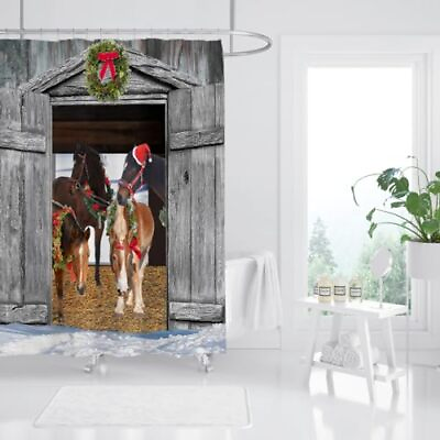 #ad Christmas Horse Shower Curtain Rustic Barn 70#x27;Wx 70#x27;H Inches Grey Xmas Animal $19.93