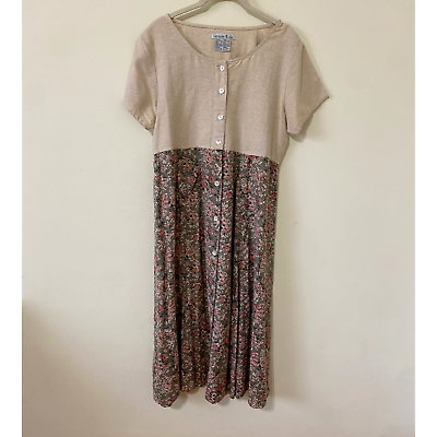 #ad Vintage Women#x27;s Dress 90#x27;s button linen cotton size small floral prairie cottage $34.00