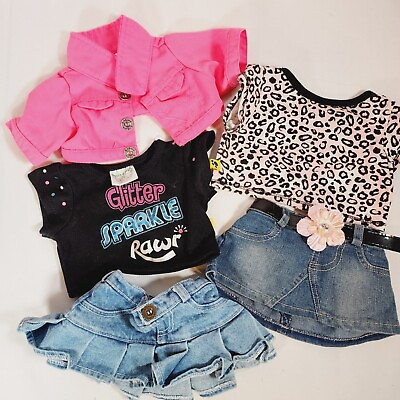 #ad Build A Bear Clothes Lot Leopard Print Shirt Denim Skirt Pink Jacket Dino Top $24.00