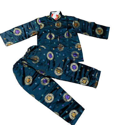 #ad Kids Traditional Chinese Pajama Set Black Satin with Size 10 12 $16.79