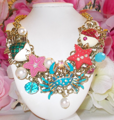 #ad BETSEY JOHNSON LOVELY SEA LIFE CRYSTAL AND ENAMEL MULTICHARM STATEMENT NECKLACE $239.99
