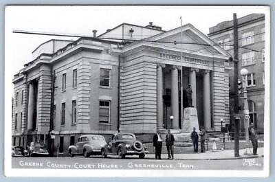 #ad RPPC GREENEVILLE TENNESSEE COUNTY COURTHOUSE OLD CARS MEN*CLINE PHOTO POSTCARD $19.95