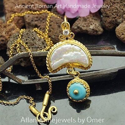 #ad *MADE TO ORDER* Omer 925 Silver Crescent Pearl amp; Turquoise Custom Gold Necklace $180.00
