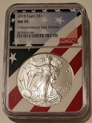 #ad 2018 1 oz Silver Eagle Dollar MS70 NGC Independence Day Edition $76.00