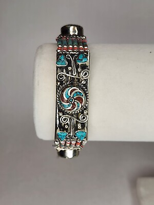 #ad Turquoise Style And Bead Bracelet With Candy Swirl Design Pewter? Unsigned $55.00