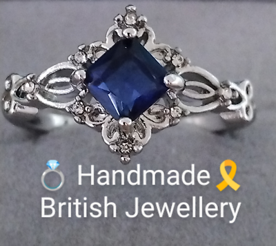 #ad CG: Woman 825 Silver Ring. Size M N. 8mm Blue Princess Sapphire Beryl Simulated GBP 13.99